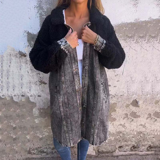 ✨Få 49% rabatt💖Kvinnors lång skjortjacka i denim med sherpa-foder