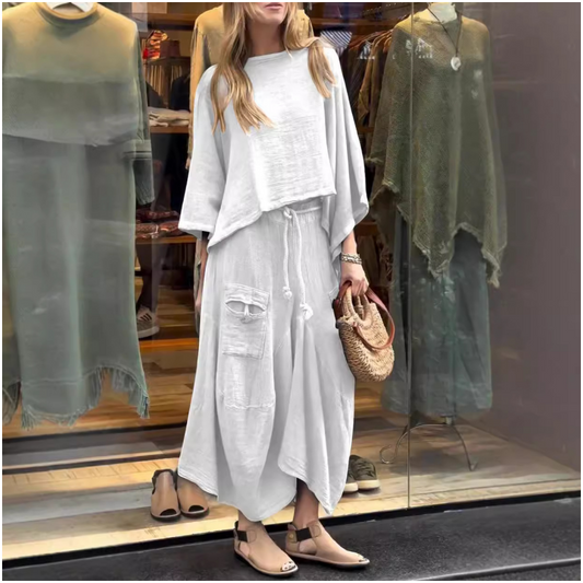 Women's two-piece set: Round neck casual top and wide skirt