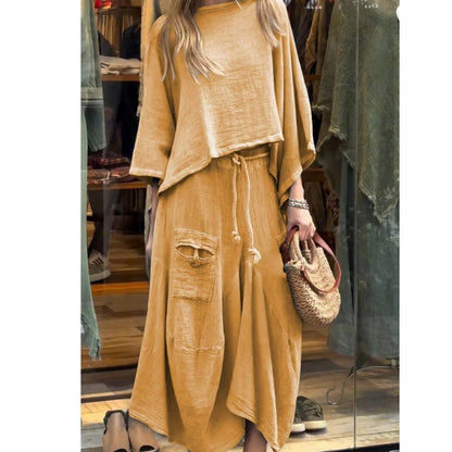 Women's two-piece set: Round neck casual top and wide skirt