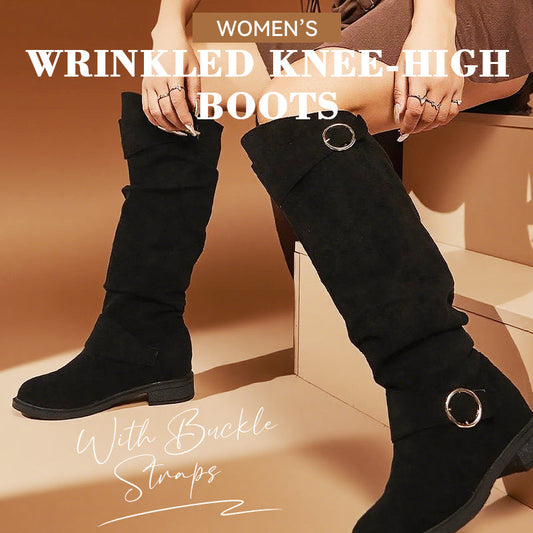 Women’s Wrinkled Knee-High Boots with Buckle Straps