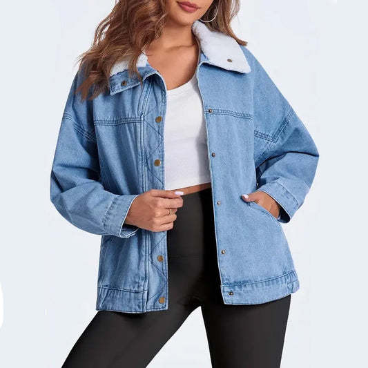 🔥Limited quantity, while stocks last🔥 Denim Jacket with Plush Faux Fur Collar for Women