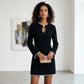 🔥 50% OFF! ✨ Women’s Short Faux Pearl-Trim Keyhole Sheath Dress – Slim-Fit Elegance with Flared Sleeves & Timeless Black 💎🖤