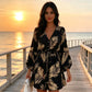 Women Summer V-Neck Flutter Sleeve Vacation Dress with Drawstring