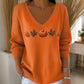 🎃 Playful Seasonal Style | Women’s Pumpkin Print V-Neck Long-Sleeve Top