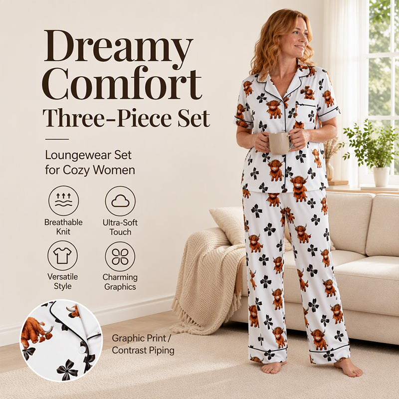 Highland cow print 3-piece pyjama set