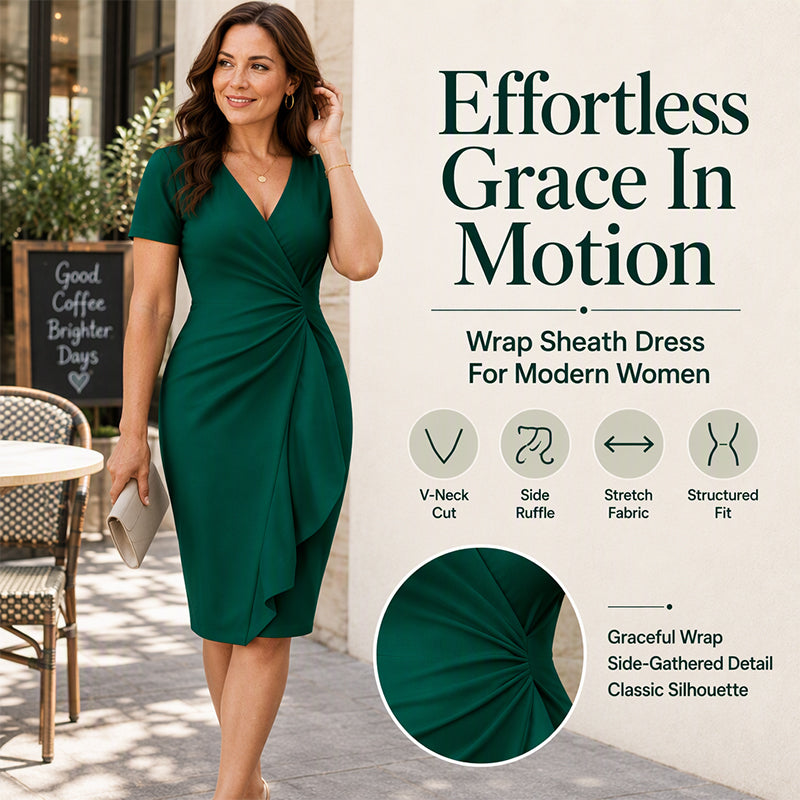 Woman wearing the elegant V-neck ruffle wrap dress